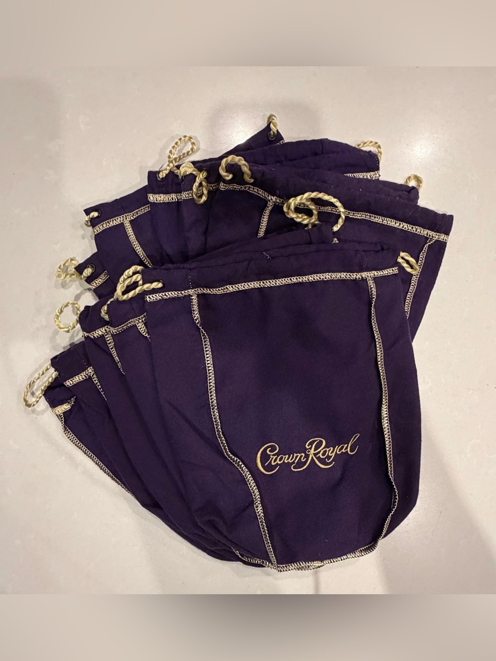 10 Crown Royal Deluxe Purple Drawstring Velvet Bags with Gold Embroidery